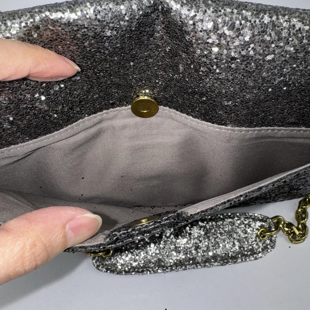 J CREW Black Silver Glitter Chain Cocktail Party Small Envelope Purse Bag Clutch